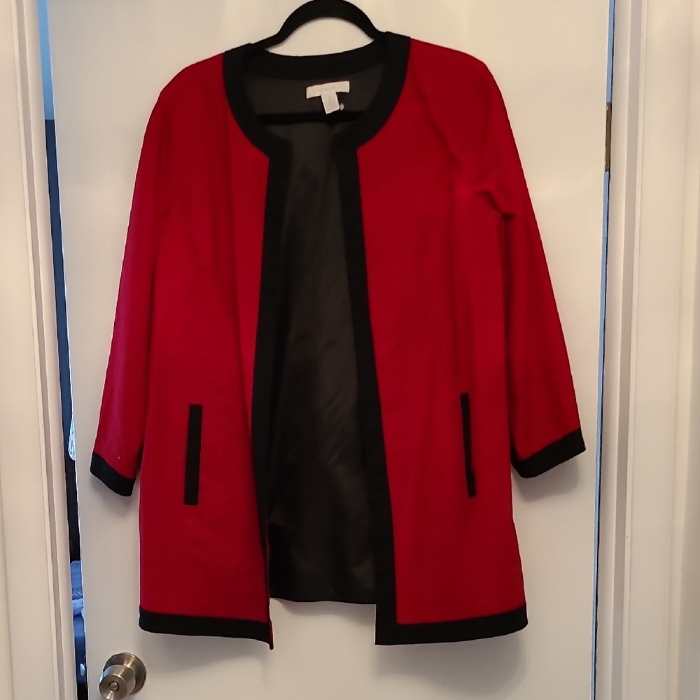 Red and Black Blazer with an Open Front. Chicos 2=12/14. Tunic Length.